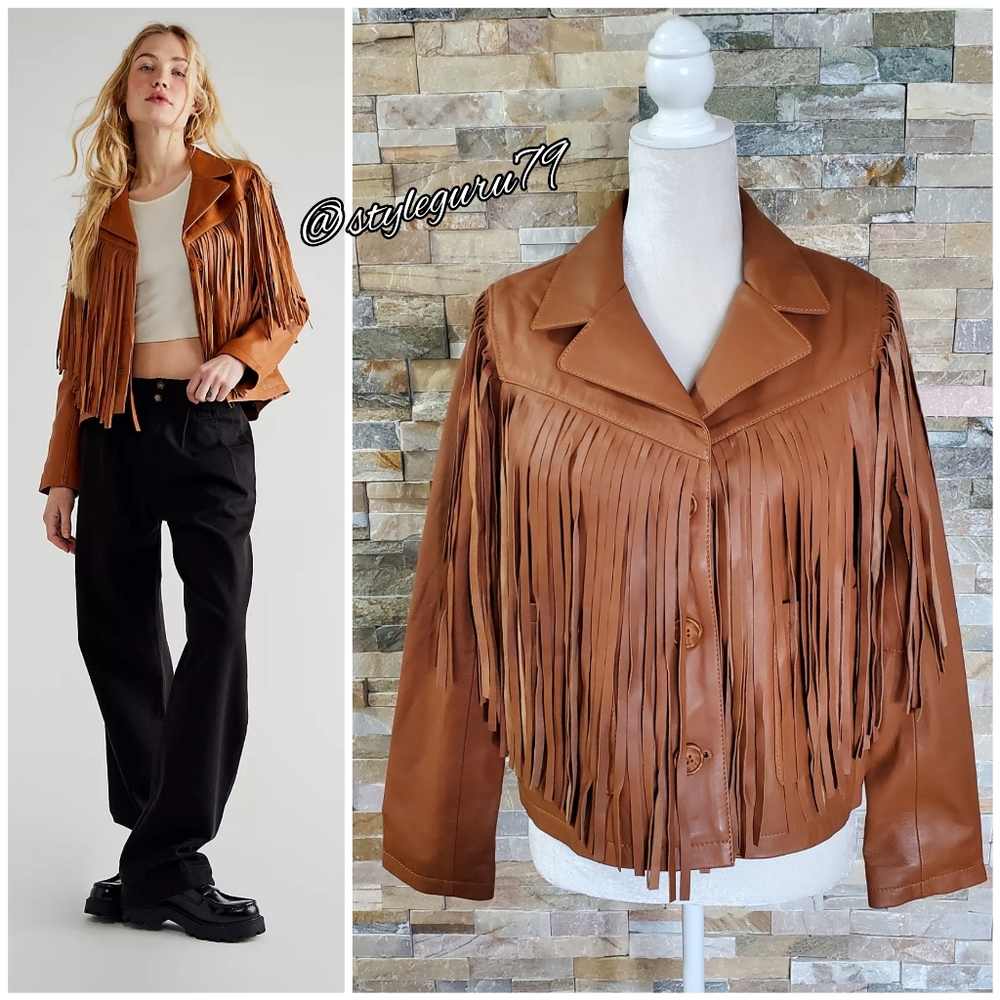 Free People Brown Leather Fringe Jacket